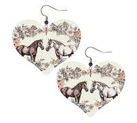 Boucles d'oreilles pendantes légères en cuir avec fleurs et chevaux dessinés à la main pour femme