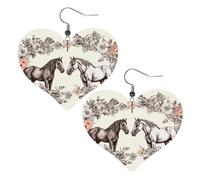 Boucles d'oreilles pendantes légères en cuir avec fleurs et chevaux dessinés à la main pour femme