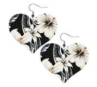 Boucles d'oreilles pendantes légères en cuir avec fleurs hawaïennes noires et blanches pour femme