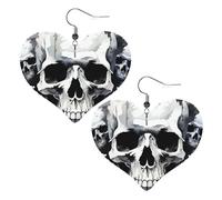 Boucles d'oreilles pendantes légères en cuir avec motif crâne blanc et gris pour femme