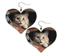 Boucles d'oreilles pendantes légères en cuir avec motif de chat pour femme - Avec fermeture éclair - En forme de cœur