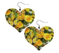 Boucles d'oreilles pendantes légères en cuir avec motif papillon jaune et marguerites jaunes pour femme