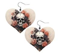 Boucles d'oreilles pendantes légères en cuir avec motif tête de mort antique et fleurs pour femme