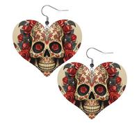 Boucles d'oreilles pendantes légères en cuir avec motif tête de mort rose rouge pour femme