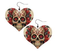 Boucles d'oreilles pendantes légères en cuir avec motif tête de mort rose rouge pour femme, One Size, Pas de gemme
