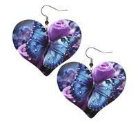 Boucles d'oreilles pendantes légères en cuir avec rose violette avec un beau papillon pour femme, One Size, Pas de gemme