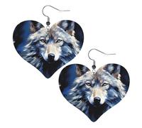 Boucles d'oreilles pendantes légères en cuir avec tête de loup sur fond bleu pour femme