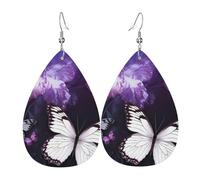 Boucles d'oreilles pendantes légères en cuir en forme de goutte pour femme, motif papillons blancs et violets