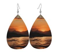 Boucles d'oreilles pendantes légères en cuir en forme de larme pour femme, montagne et eau au coucher du soleil