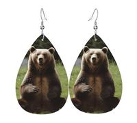 Boucles d'oreilles pendantes légères en cuir en forme de larme pour femme, motif ourson assis sur la pelouse, bijoux tendance, cadeaux pour femmes