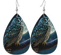 Boucles d'oreilles pendantes légères en cuir en forme de larme pour femmes - Owl Moon Night Art, blanc