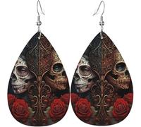 Boucles d'oreilles pendantes légères en cuir en forme de larme pour femmes - Skulls Lovers Day Of The Dead Roses rouges, blanc
