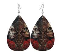 Boucles d'oreilles pendantes légères en cuir en forme de larme pour femmes - Skulls Lovers Day Of The Dead Roses rouges, blanc