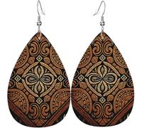 Boucles d'oreilles pendantes légères en cuir en forme de larme pour femmes - Tissu Tapa de style hawaïen, art tribal, blanc