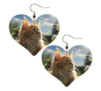 Boucles d'oreilles pendantes légères en cuir motif chat assis dans un champ vert pour femme, One Size, Pas de gemme