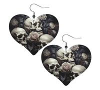 Boucles d'oreilles pendantes légères en cuir noir et blanc avec fleurs et tête de mort pour femme
