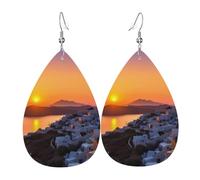 Boucles d'oreilles pendantes légères en cuir pour femme, motif île de Grèce, coucher de soleil