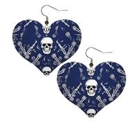 Boucles d'oreilles pendantes légères en cuir pour femme Motif tête de mort et os Bleu