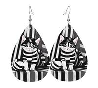 Boucles d'oreilles pendantes légères en forme de chaton à rayures noires et blanches - Cadeau de Noël et de Saint-Valentin
