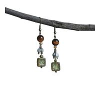 Boucles d'oreilles pendantes néo-chinoises vintage, pierre œil de tigre et perles de verre rétro, boucles d'oreilles artisanales uniques pour femme