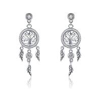 boucles d'oreilles pendantes, Pendentif attrape-rêves en argent sterling 925 avec zircons et plumes for femme, bijou de luxe idéal for un mariage(Fie457)
