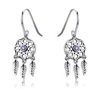 boucles d'oreilles pendantes, Pendentif attrape-rêves en argent sterling 925 avec zircons et plumes for femme, bijou de luxe idéal for un mariage(Fie394)