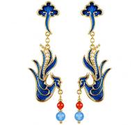 Boucles D'Oreilles Pendantes Phénix Émail Bleu, Tige En Argent S925 | Bijou En Cuivre Placé Or