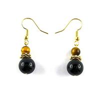 Boucles d'oreilles pendantes plaquées or avec perles véritables en onyx et oeil de tigre. Fermeture avec crochet et bouchon de fermeture offert