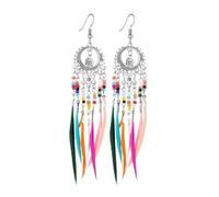 Boucles d'oreilles pendantes plumes bohème - Boucles d'oreilles pendantes avec perles arc-en-ciel en argent, One Size, agate