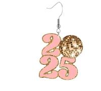 Boucles d'oreilles pendantes pour le Nouvel An, boucles d'oreilles pendantes 2025 en acrylique rose 2D doré boucles d'oreilles boules disco boucles d'oreilles vintage funky boucles d'oreilles pour