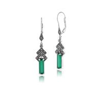 Boucles d'oreilles pendantes rectangulaires de style Art déco en calcédoine verte et marcassite en argent sterling 925