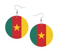 Boucles d'oreilles pendantes rondes en cuir avec drapeau du Cameroun imprimé double face en cuir PVC avec crochets plaqués argent 925, taille unique, argent sterling, pierre dorée, One Size, Argent