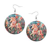 Boucles d'oreilles pendantes rondes en cuir synthétique avec motif licorne en papier rose avec crochets plaqués argent 925, taille unique, argent sterling, pierre d'or, One Size, Argent sterling