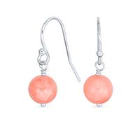 Boucles D'Oreilles Pendantes Rondes En Pierre Précieuse Corail Rose Doux Simple Pour Femmes En Argent Sterling .925 Avec Crochet À Poisson Français
