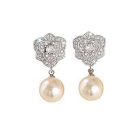 Boucles d'oreilles pendantes rose camélia pour femme - Design plaqué or avec fausses perles - Bijou de princesse féminine pour elle, cadeau d'anniversaire et d'anniversaire de mariage pour épouse