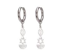 Boucles d'oreilles pendantes sceau messianique Boucles d'oreilles sceau messianique de Jérusalem Étoile de David, Ichthus avec croix, Menorah, boucles d'oreilles Bijoux Hanoukka (Argent2)