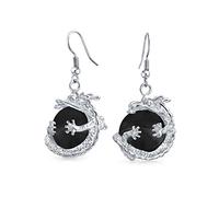 Boucles D'Oreilles Pendantes Tendance En Onyx Noir Boule Ronde Orbe Enroulé Dragon Asiatique Chinois Pour Femmes Et Adolescentes