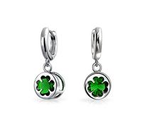Boucles d'oreilles pendantes trèfle à quatre feuilles vert émeraude CZ trèfle chanceux irlandais celtique Saint-Patrick pour femmes remise des diplômes en argent sterling .925 à levier.
