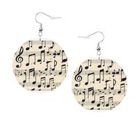 Boucles d'oreilles pendantes vintage en cuir avec motif notes de musique rondes et double face en cuir PVC avec crochets plaqués argent 925, taille unique, argent sterling, pierre d'or, One Size
