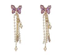 Boucles d'oreilles Pink Violet Butterfly Tassel Boucles d'oreilles pour les femmes, Gold Crystal Pearl Drop, Long Fringe Déclaration pour mariage Bridal Ball Part