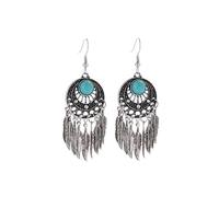 Boucles d'oreilles plumes bohèmes pour femme, Boucles d'oreilles à pampilles en plumes turquoise indiennes, Boucles d'oreilles pendantes feuille de croissant de lune (Argent)