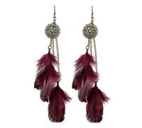 Boucles d'oreilles Plumes pour Femmes, Boucles d'oreilles Pendantes Bohèmes Vintage avec Pompon - avec Motif Attrape-Rêves pour Mariée, Magnifique Boucle d'oreille À Franges, Mariage, Bal, Fête,