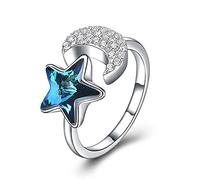 Boucles d'oreilles pour femmes à anneaux réglables, S925 Sterling Metal Blue Crystal étoile incrustée cubique Zirconia Moon Fashion Ajustement à nouée ouverte Anneau de queue