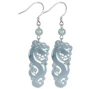 Boucles d'oreilles pour femmes,Bijoux Boucles d'oreilles dragon de jade en argent pur dragon antique eau bleue Fei Cui Jadeit clou d'oreille Feng Shui richesse amour amulette pendentif d'oreille quart