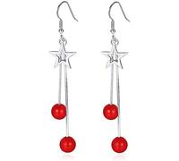 Boucles d'oreilles pour Femmes, Boucles d'oreilles à Goujon Simplicité élégante Étoile à Cinq Branches Long Gland Crochet d'oreille Dames Boucles d'oreilles Perle Rouge Bijoux