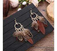 Boucles d'oreilles pour Femmes, Boucles d'oreilles Vintage Drop Hoop Boho Gypsy Ethnic Hollow Circle Artificial Peacock Feather Elegant Unique Fish Hook Dangle Earring for Women Wedding Valentine Jew