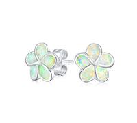 Boucles D'Oreilles Pour Femmes En Argent Sterling 10Mm Avec Fleur De Plumeria Blanche Et Opale Créée Pierre D'Octobre