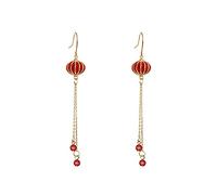 Boucles d'oreilles puces, boucles femme, délicates pendantes lanterne rouge style chinois en argent sterling S925, chaîne longue et pompon