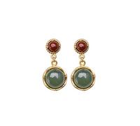 Boucles d'oreilles puces, boucles for femmes, en argent 925, jade Hotan naturel et saphir rouge du Sud