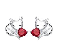 Boucles d'Oreilles Renard pour Femmes, Argent Renard Enlaçant Stud avec Cœur Cristal Rouge, Bijoux Animaliers Fantaisistes 13mm Légers 3.03g, Petit Cadeau